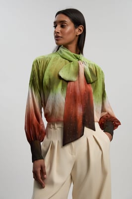 Metallic Thread Ombre Print Woven Balloon Sleeve Blouse