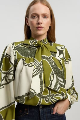 Chain Print Woven Balloon Blouse With Tie Detail