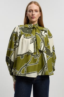 Chain Print Woven Balloon Blouse With Tie Detail