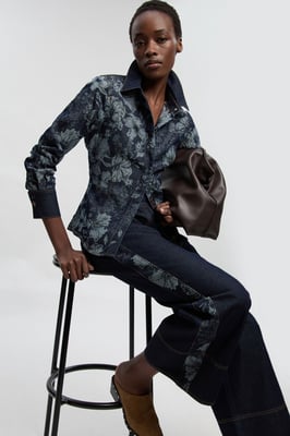 Petite Denim & Jacquard Contrast Wide Leg Jean