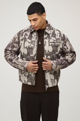 Boxy Fit Textured Jacquard Harrington Jacket