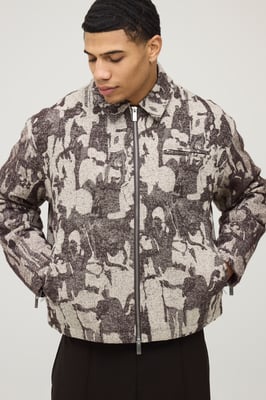 Boxy Fit Textured Jacquard Harrington Jacket