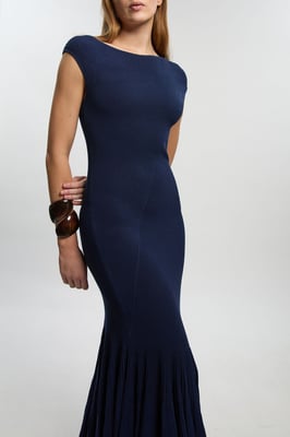 Sheer Detail Pleated Knit Midi Dress