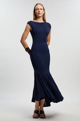 Sheer Detail Pleated Knit Midi Dress