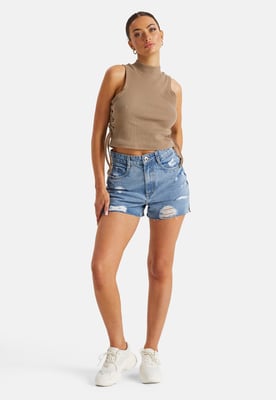 Split Hem Ripped Denim Shorts