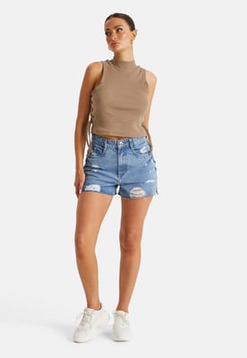 Split Hem Ripped Denim Shorts