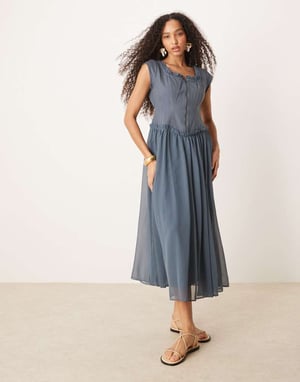 ASOS DESIGN dragkedja genom twill bodice midi klänning i denim blå