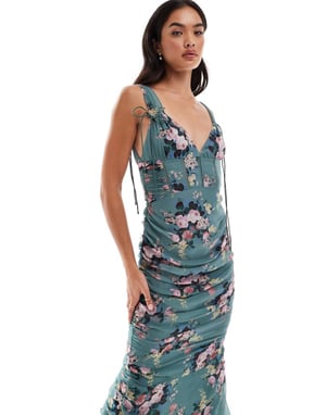 ASOS DESIGN mjölkpiga spetsinsats rynkad sid midi-klänning med blommönster