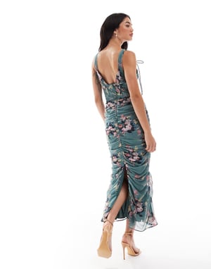 ASOS DESIGN mjölkpiga spetsinsats rynkad sid midi-klänning med blommönster