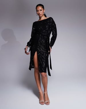 In The Style paljett off-shoulder midiklänning med hög slits i svart