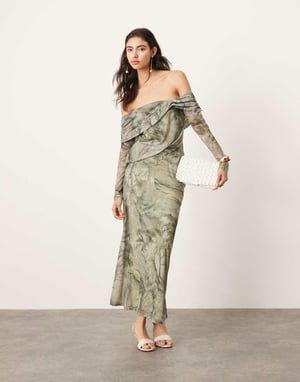 ASOS EDITION jersey nät off-shoulder midiklänning med lagerdetalj i landskapstryck