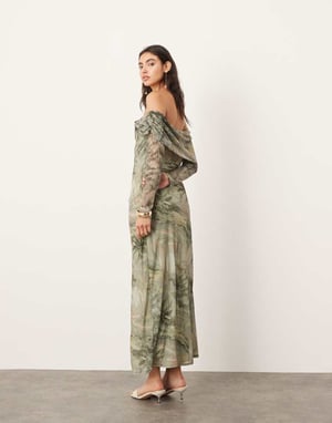 ASOS EDITION jersey nät off-shoulder midiklänning med lagerdetalj i landskapstryck