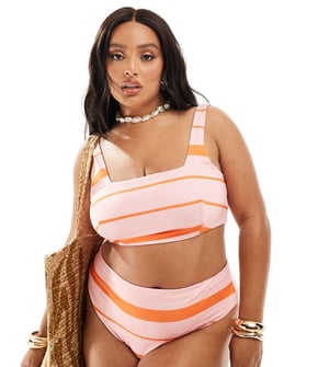 ASOS DESIGN Curve Mia högbenad hög midja bikinitrosa i rosa och orange randig
