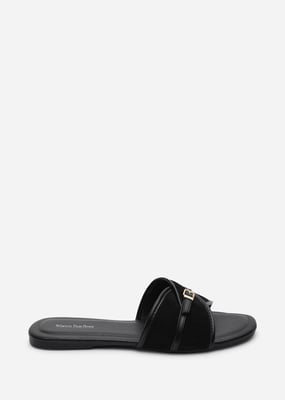 Where's That From Iridia Double Buckle Black Suede Low Wedge Sandal