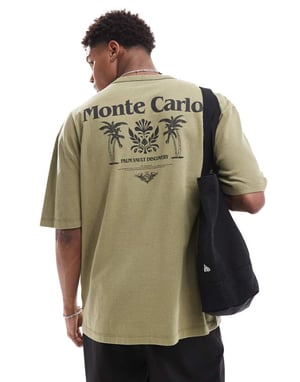 ASOS DESIGN oversize t-shirt i tungviktsmaterial 220gsm tvättad grön med Monte Carlo-tryck på baksidan