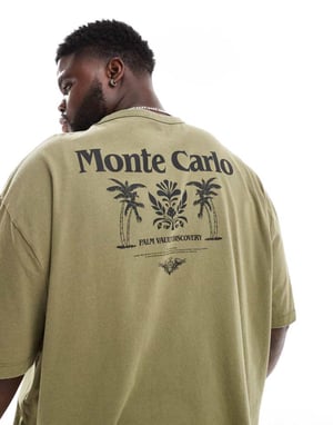 ASOS DESIGN oversize t-shirt i tungviktsmaterial 220gsm tvättad grön med Monte Carlo-tryck på baksidan