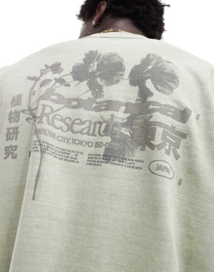 ASOS DESIGN oversized t-shirt i tvättad grön tyg med blommigt tryck på ryggen