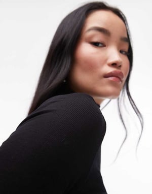 Topshop premium ribbad långärmad topp med funnel neck i svart