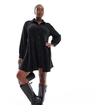 ASOS DESIGN Curve kord smock mini klänning med peplum nederkant i svart