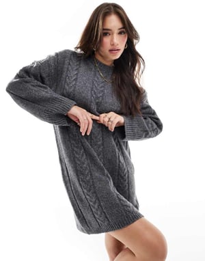 ASOS DESIGN kabelstickad miniklänning med rundad hals i kolgrå
