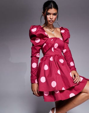 ASOS LUXE bomulls-satin strukturerad skater mini klänning med prickigt mönster