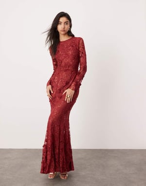 ASOS EDITION broderad blommig långärmad spets öppen rygg maxiklänning i vinröd