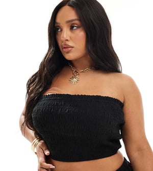 ASOS DESIGN Curve Isabel mix & match linne-look shirred bandeau strandtop i svart