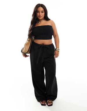 ASOS DESIGN Curve Isabel mix & match linne-look shirred bandeau strandtop i svart