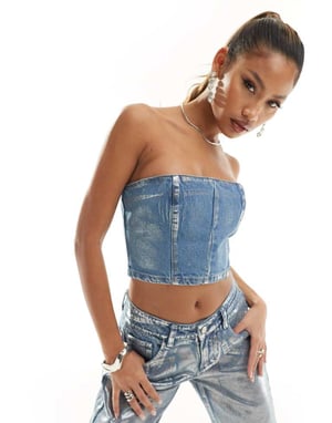 Simmi metallisk denim bandeau korsett topp koord i blått