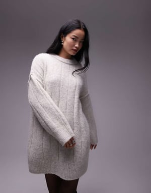 Topshop stickad fluffig ribb oversize crewtröja i havre