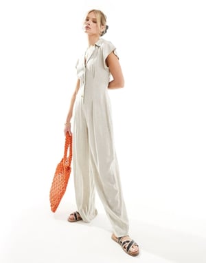 ASOS DESIGN krage linne knapprad overall i havre