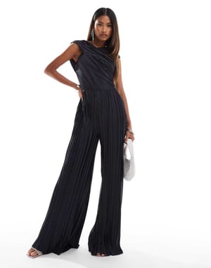 ASOS DESIGN plisserad twist jumpsuit med sned axel i kolafärg