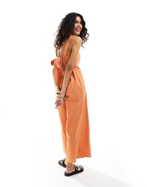 ASOS DESIGN linne band tillbaka kort jumpsuit i rostbrun