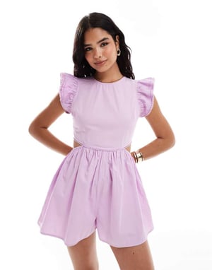 ASOS DESIGN playsuit med utskuren midja och volangärmar i lavendel
