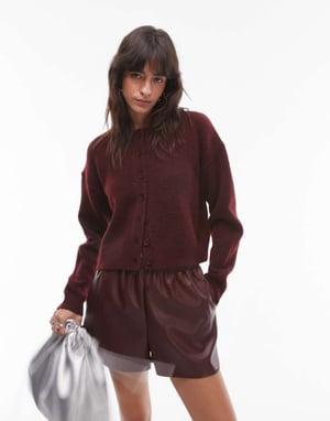 Topshop stickad ultimat mikro cardigan i burgundröd