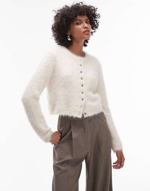 Topshop stickad fluffig mikrokardigan i elfenben