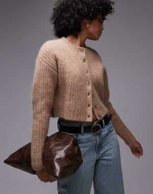 Topshop premium stickad crew fluffig alpacka cardigan i havre