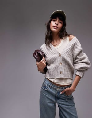 Topshop stickad ovalärm v-ringad cardigan i havre