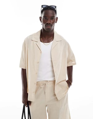 Sixth June kortärmad oversized linneskjorta set i beige