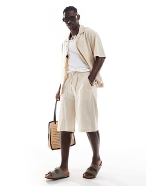 Sixth June kortärmad oversized linneskjorta set i beige