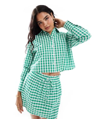 ASOS DESIGN linne-look kort skjorta co-ord i grön rutigt