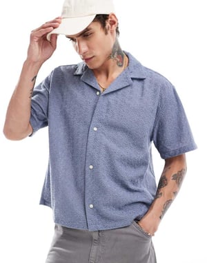 Abercrombie & Fitch kortärmad beskuren oversized blus med spets i ljusblå