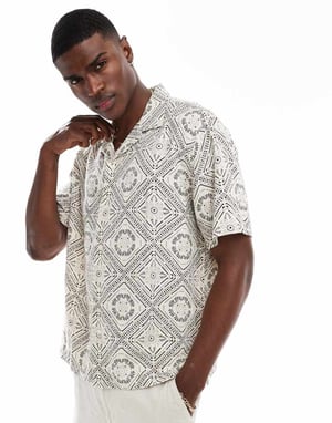 Abercrombie & Fitch kortärmad mönstrad broderad linne skjorta i beige