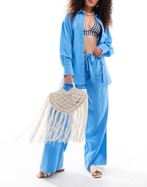 ASOS DESIGN Isabel mix & match linne-look oversize strandskjorta i blått