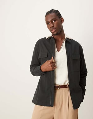 ASOS DESIGN twill zip-through overskjorta i svart - SVART