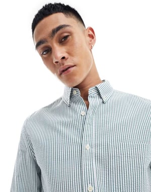 ASOS DESIGN seersucker-texturerad smart regular-skjorta i grönrandig