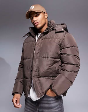 ASOS DESIGN puffjacka med avtagbar huva i brunt