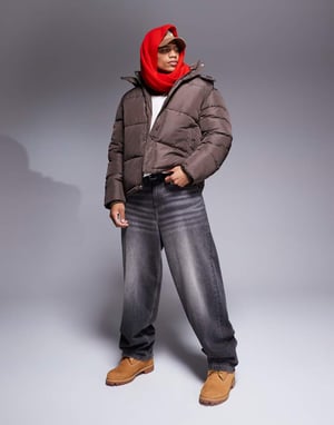 ASOS DESIGN puffjacka med avtagbar huva i brunt