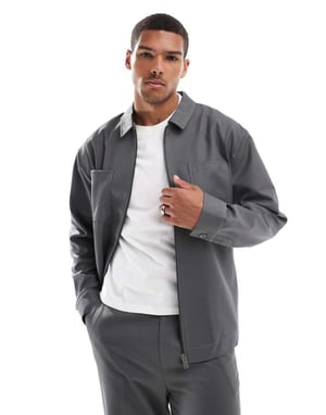 ASOS DESIGN slim truckerjacka smart co-ord i grå twill