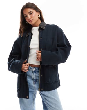 ASOS DESIGN överdimensionerad tvättad jacka med läderlook-krage i marinblå
